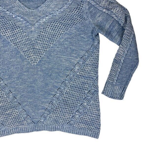 Chico's Textured Open Knit V-Neck Sweater Women L Blue Classic Oversize Pullover - Picture 5 of 16